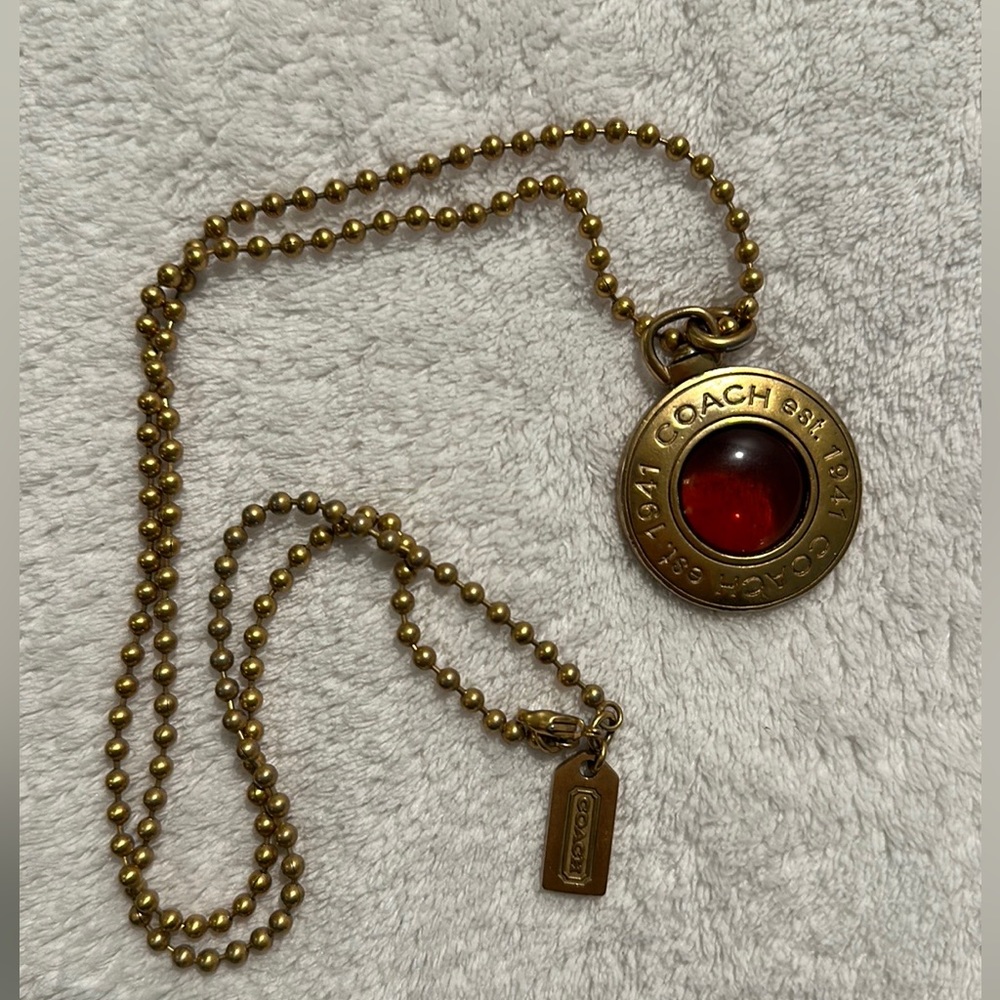 Coach Logo Pendant In Gold Tone with Amber Glass Center on Gold Tone Chain - Picture 8 of 16